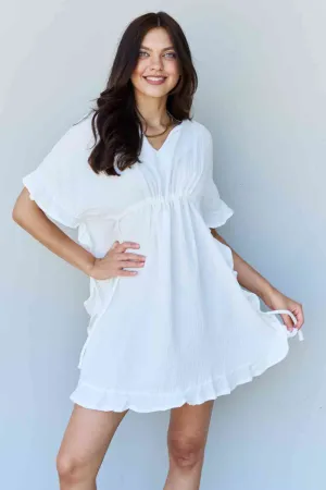 Out Of Time Full Size Ruffle Hem Dress with Drawstring Waistband in White