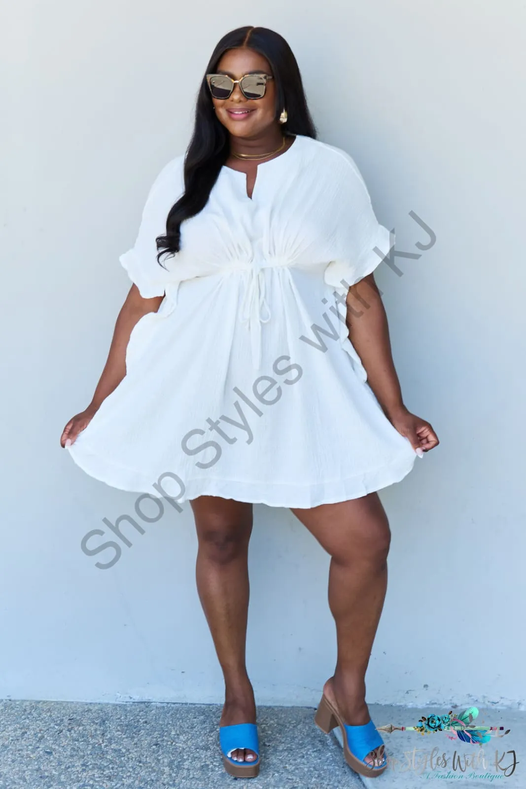 Out Of Time Ruffle Hem Dress with Drawstring Waistband in White