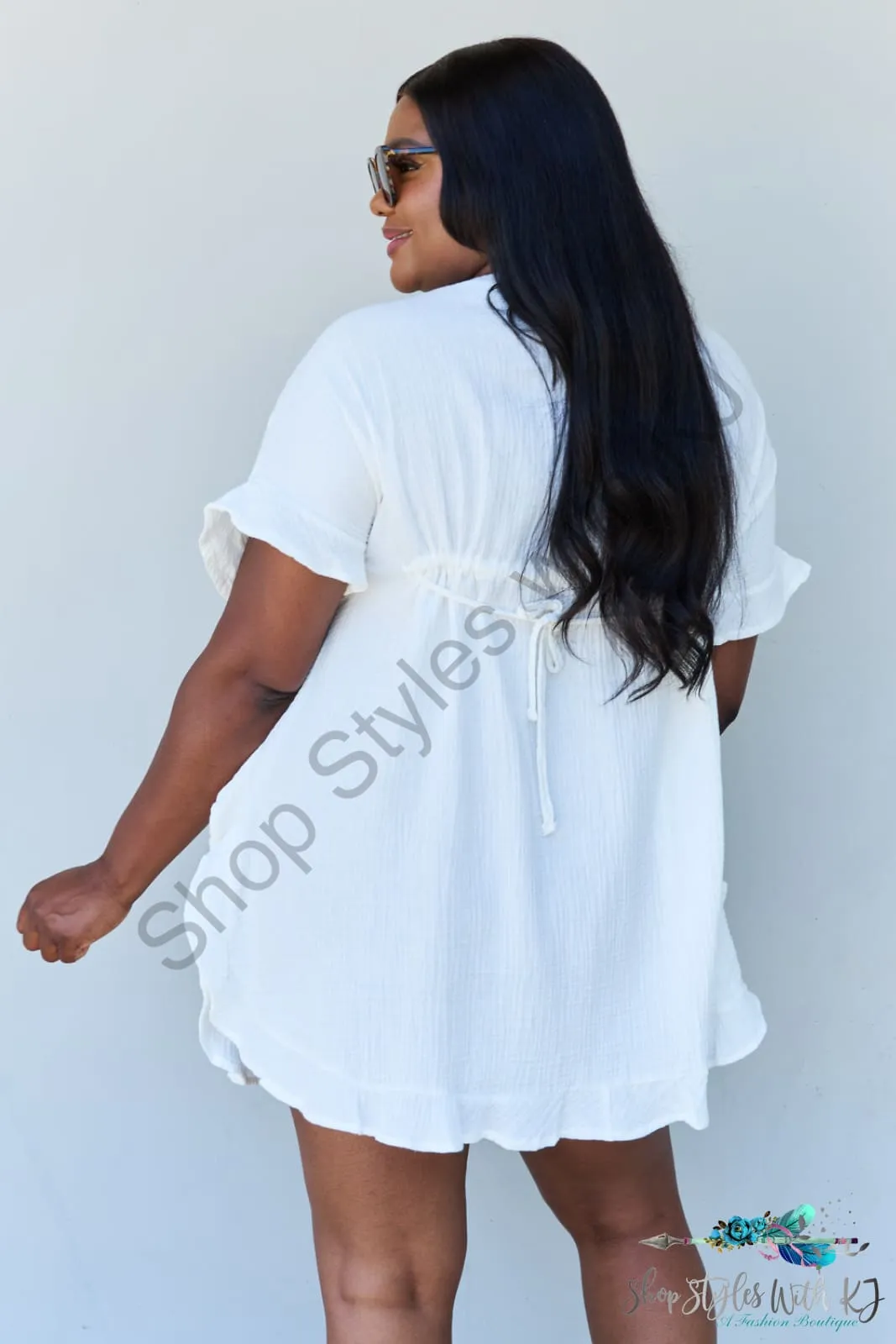 Out Of Time Ruffle Hem Dress with Drawstring Waistband in White