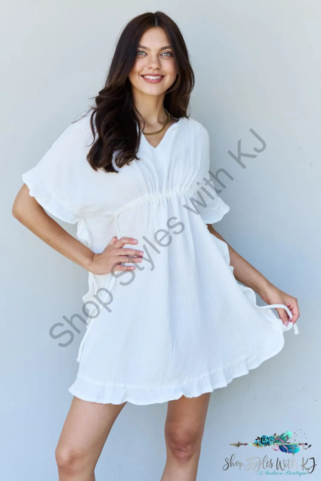 Out Of Time Ruffle Hem Dress with Drawstring Waistband in White