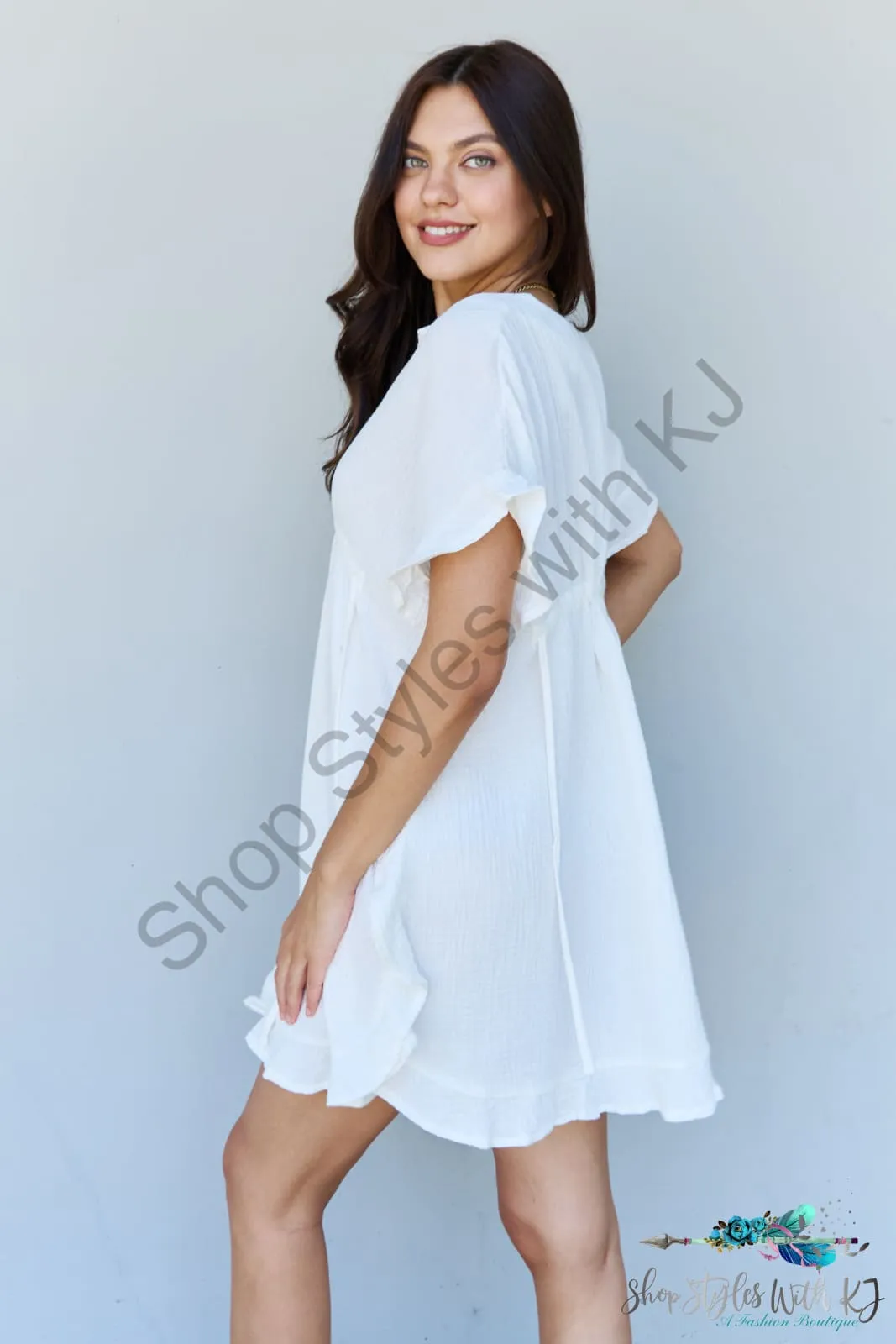 Out Of Time Ruffle Hem Dress with Drawstring Waistband in White