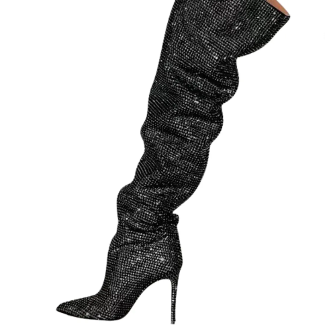 Pre Order:  Rhinestone Pleated Thigh High Boots