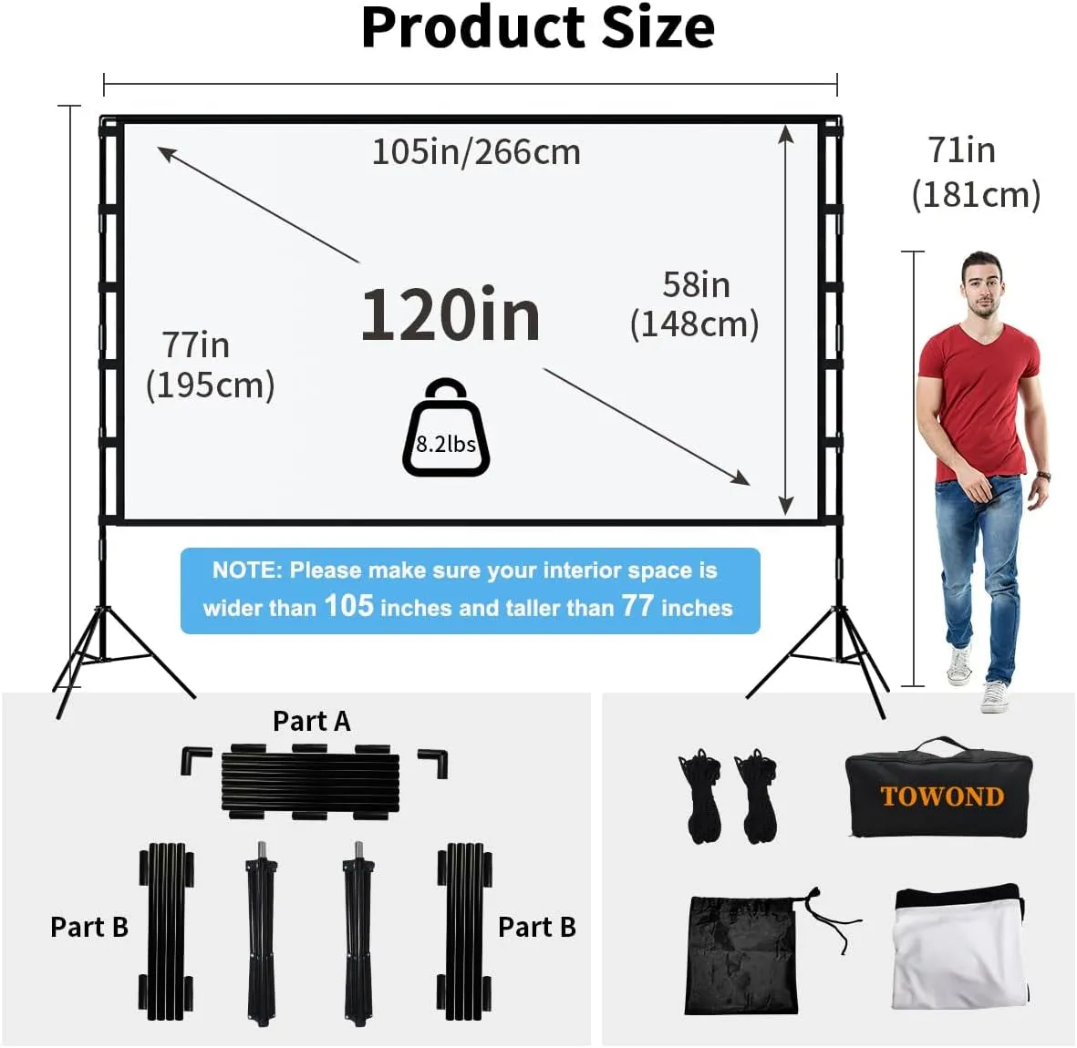 Projector Screen and Stand,  120 Inch Portable Projector Screen Indoor Outdoor Projector Screen 16:9 4K HD Wrinkle-Free Lightweight Movie Screen with Carry Bag for Backyard Movie Night