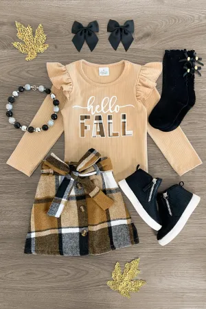 "Hello Fall" Brown Plaid Skirt Set