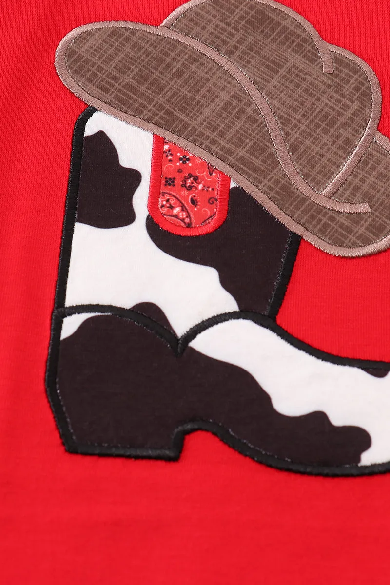 Red boots applique boy top