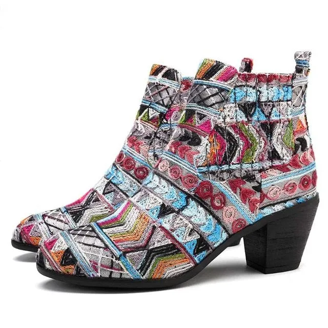 Retro Ethnic Women's Fashion Ankle Boots - Black,Blue,Silver