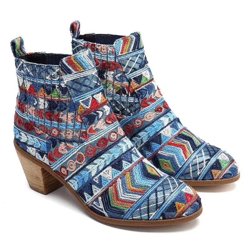 Retro Ethnic Women's Fashion Ankle Boots - Black,Blue,Silver