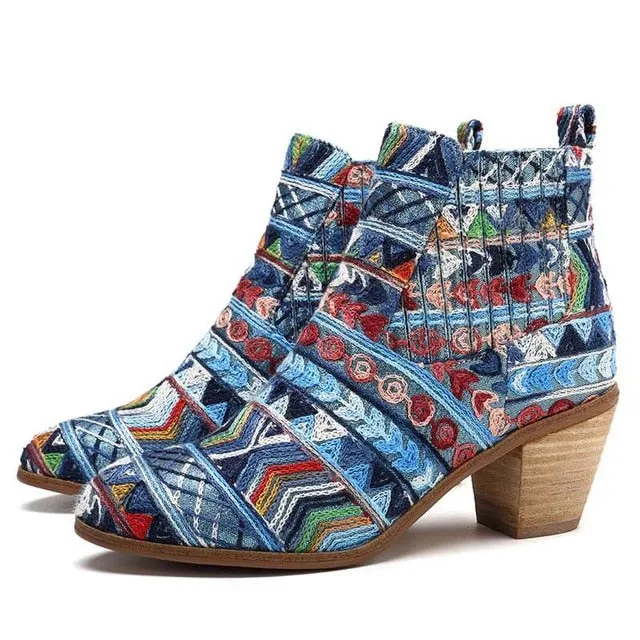 Retro Ethnic Women's Fashion Ankle Boots - Black,Blue,Silver