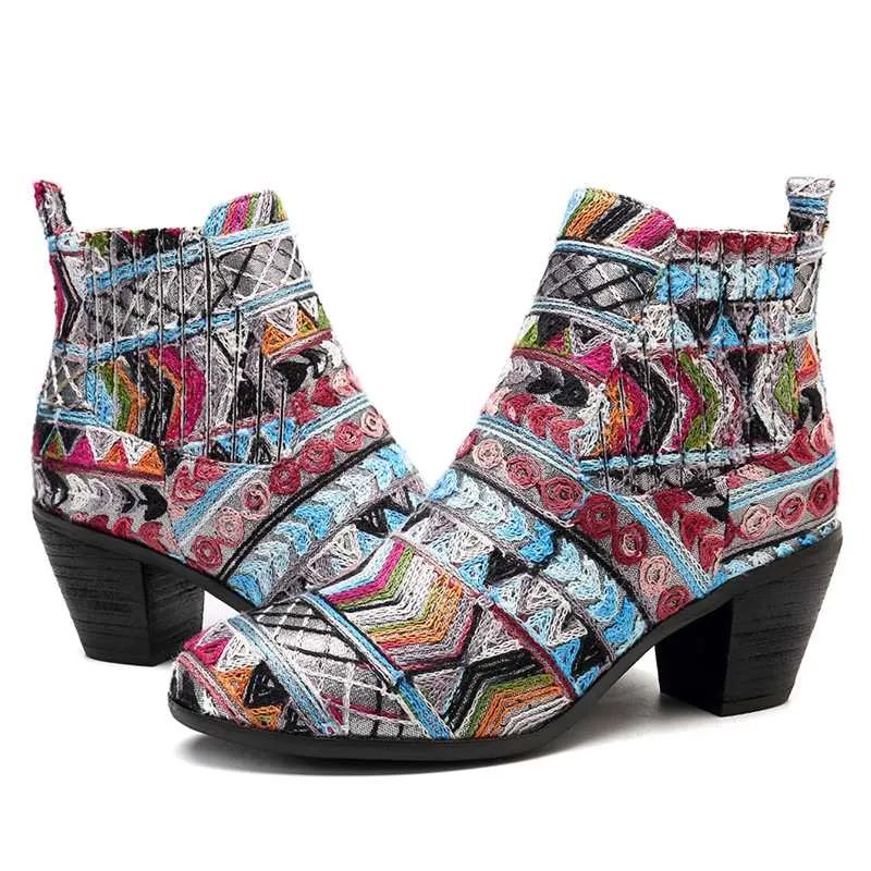 Retro Ethnic Women's Fashion Ankle Boots - Black,Blue,Silver