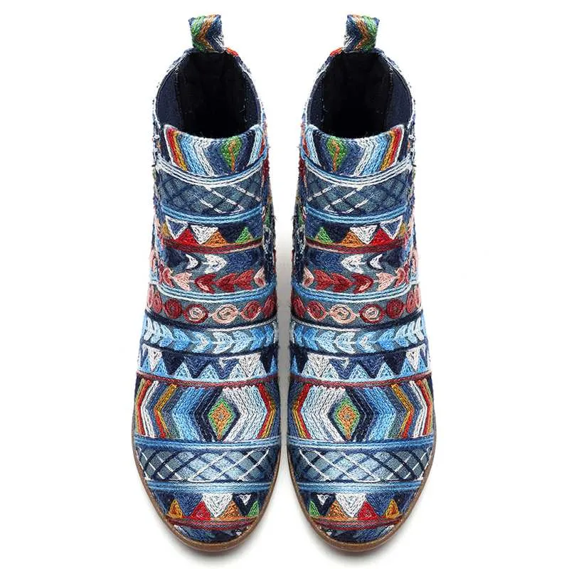 Retro Ethnic Women's Fashion Ankle Boots - Black,Blue,Silver