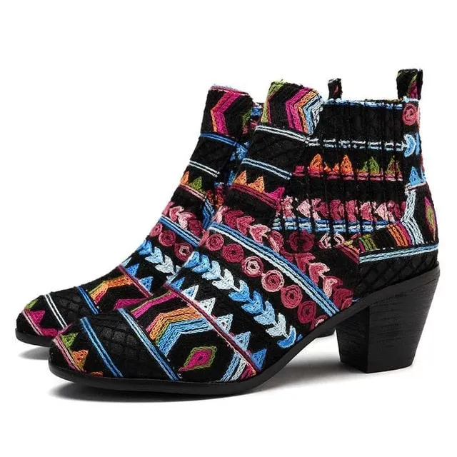 Retro Ethnic Women's Fashion Ankle Boots - Black,Blue,Silver