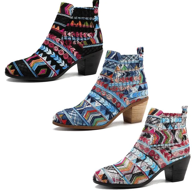 Retro Ethnic Women's Fashion Ankle Boots - Black,Blue,Silver