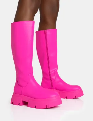 Scorpio Hot Pink Rubberised Pu Rounded Toe Chunky Sole Knee High Boots