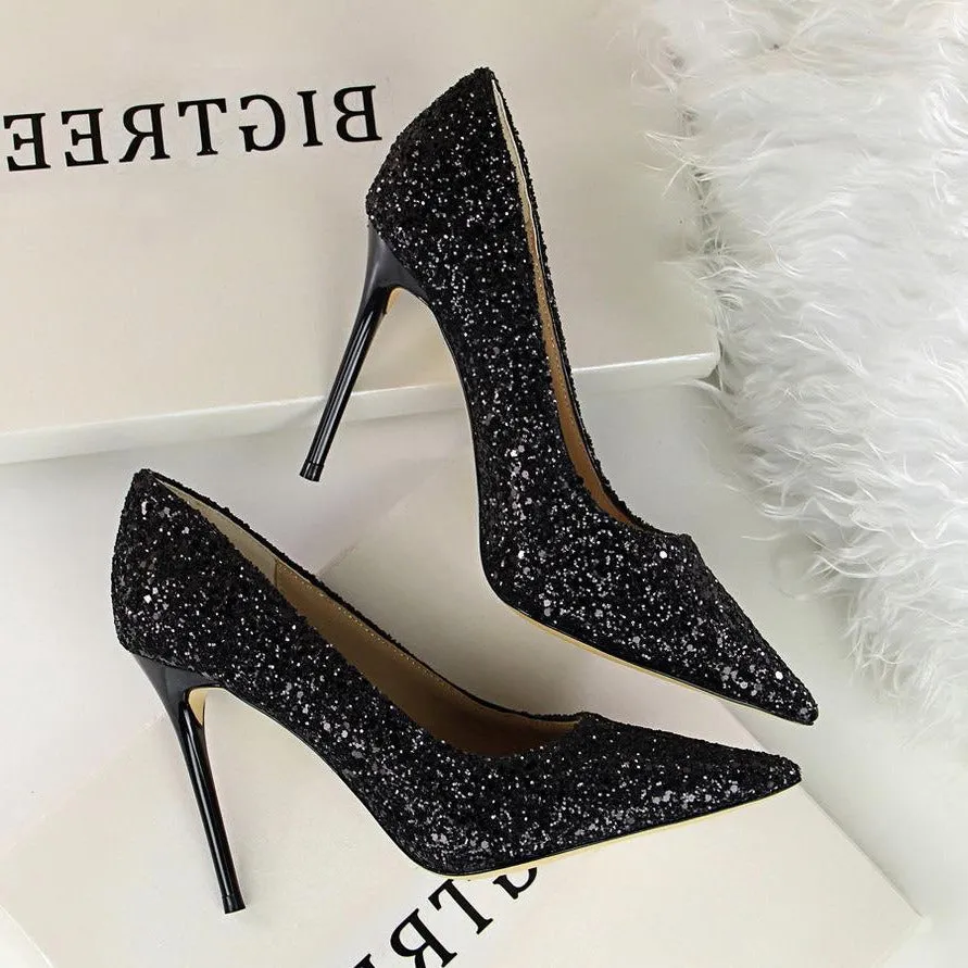 Sequin Decor Point Toe Stiletto Heeled Court Pumps