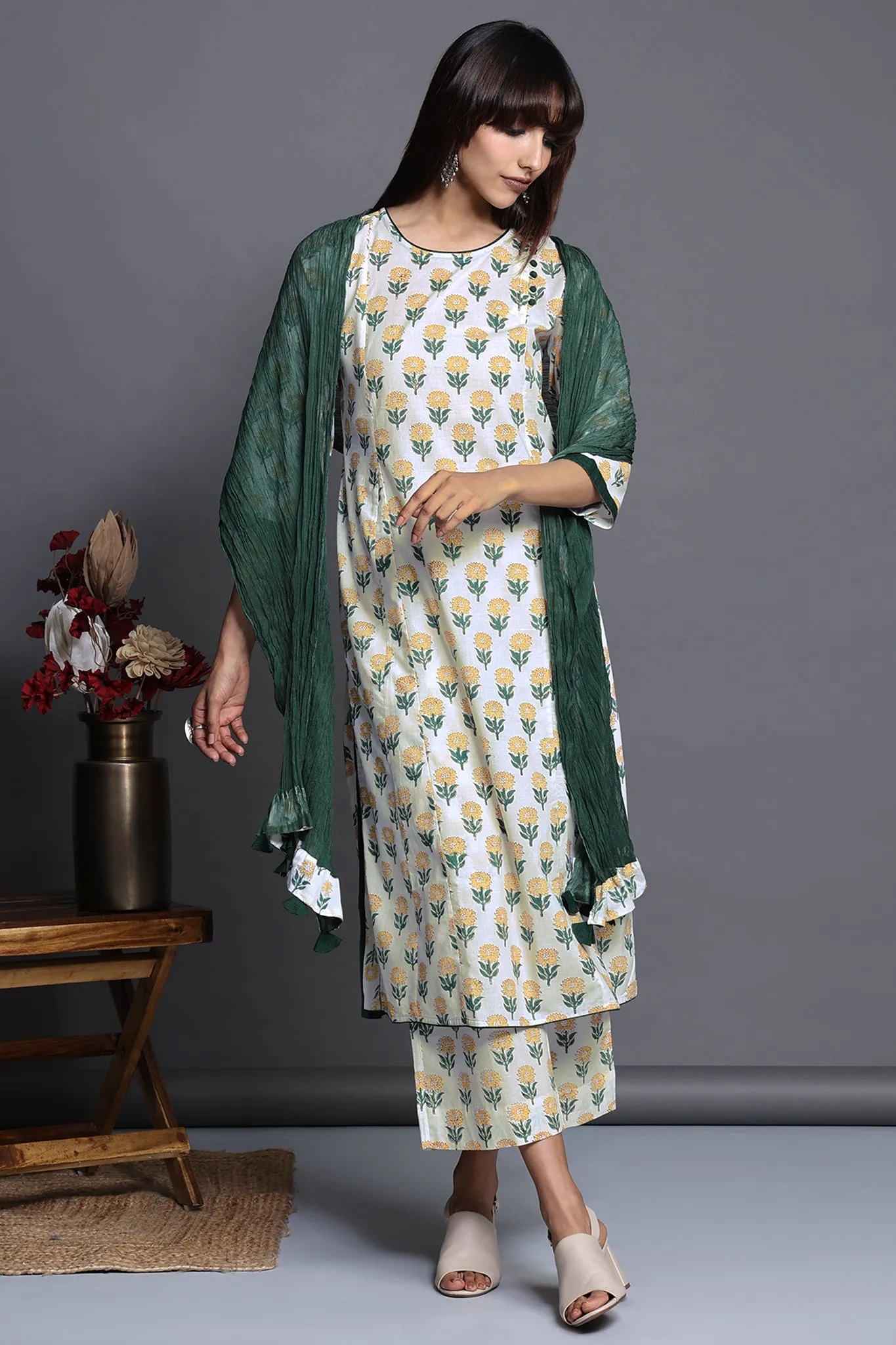 side potli long kurta with slit - lush white & sunflower meadow