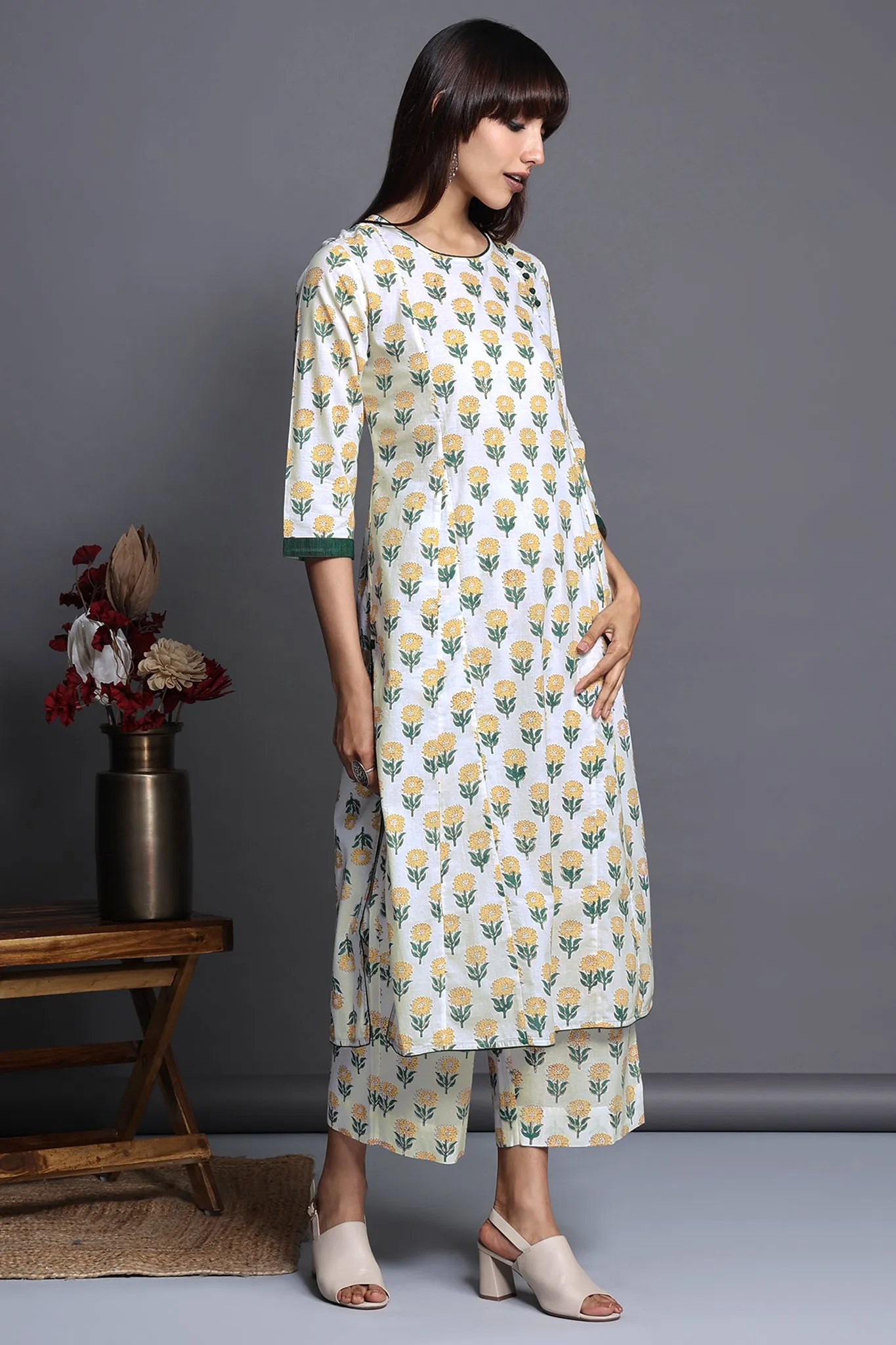 side potli long kurta with slit - lush white & sunflower meadow