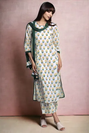 side potli long kurta with slit - lush white & sunflower meadow