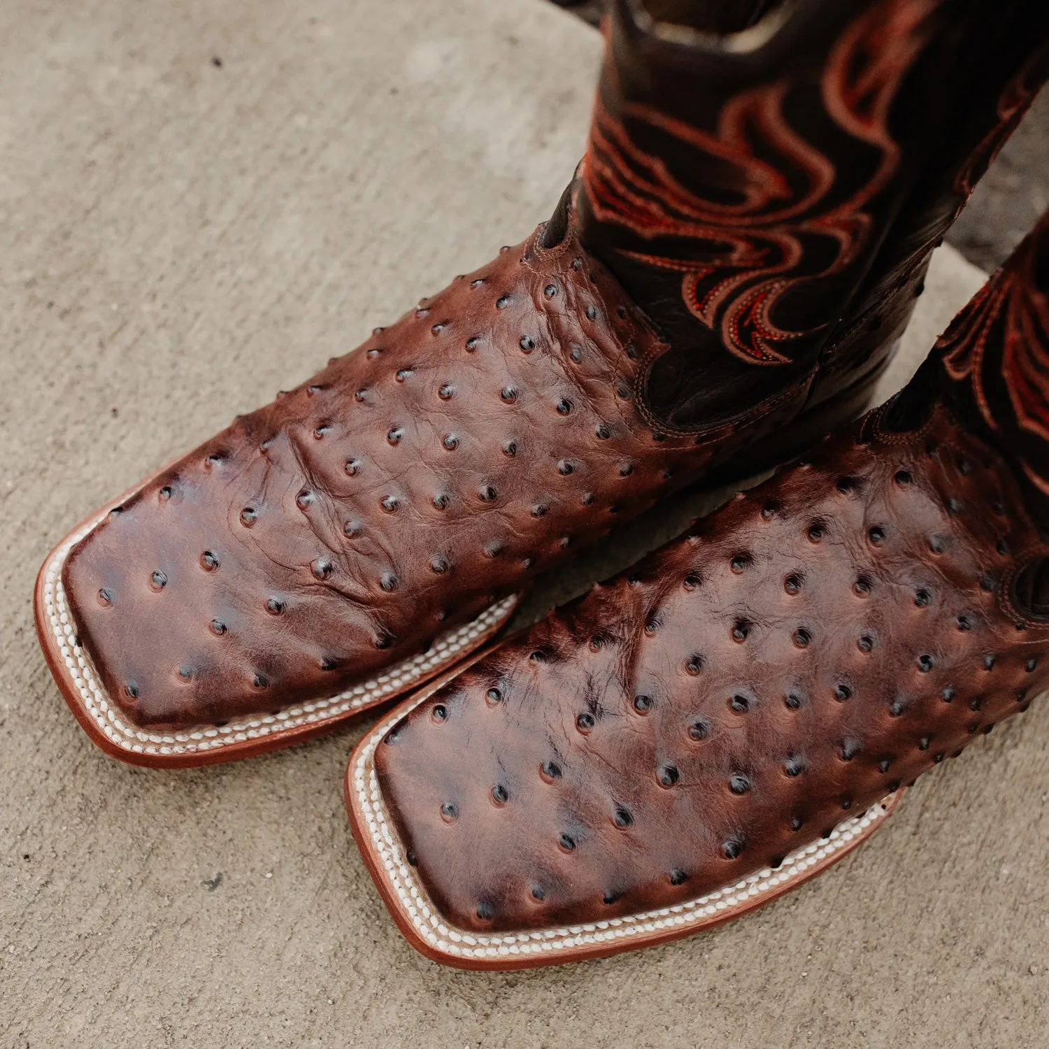 Soto Boots Men's Ostrich Print Square Toe Cowboy Boots H8001-Brown