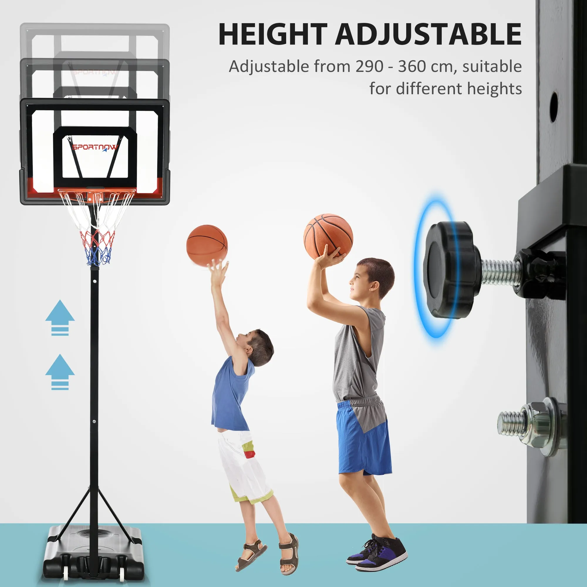 SPORTNOW 2.1-2.6m Adjustable Basketball Hoop and Basketball Stand w/ Sturdy Backboard and Weighted Base, Portable on Wheels