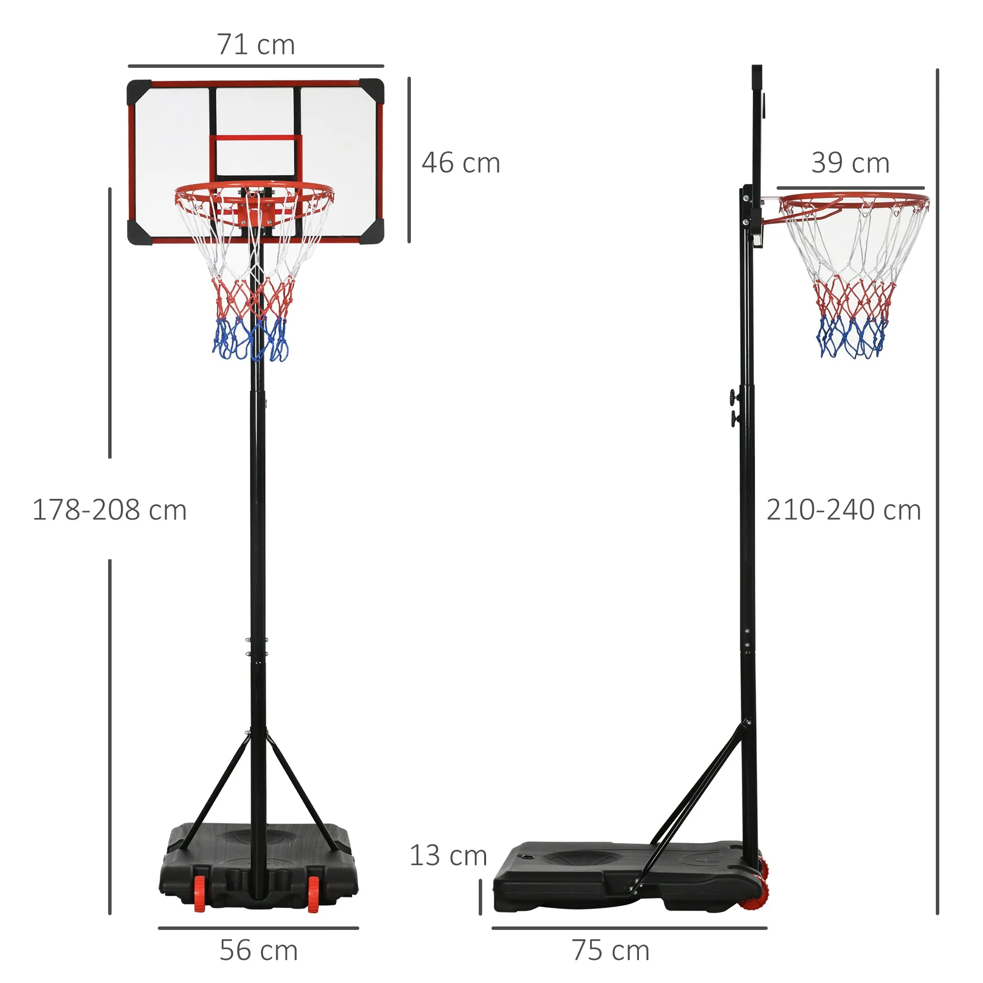 SPORTNOW Height Adjustable Basketball Hoop and Stand for Kids with Sturdy Backboard and Weighted Base, Portable on Wheels, 1.8-2m