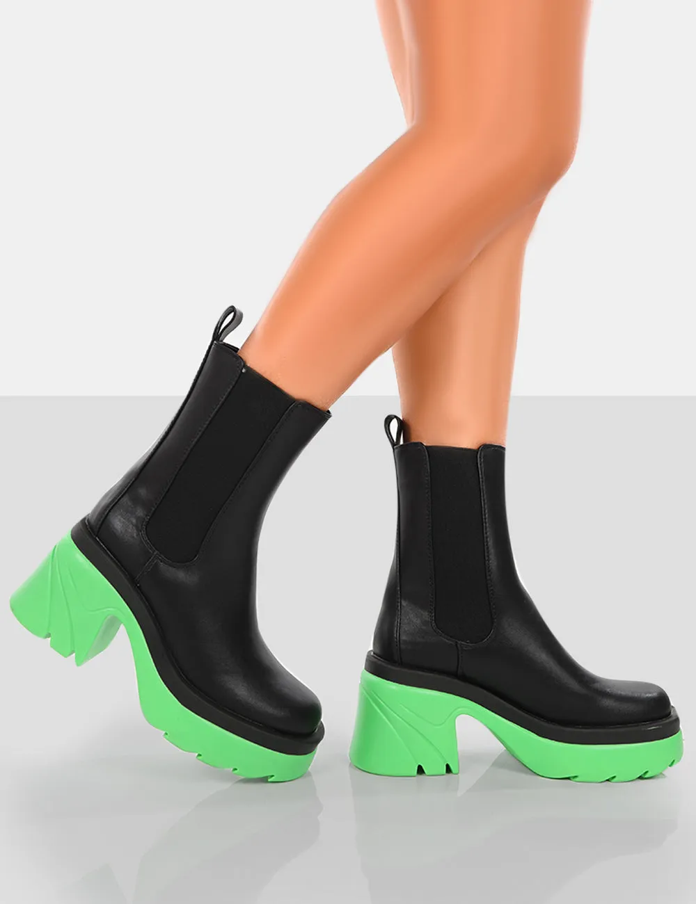 Step Up Black Green PU Platform Chunky Sole Heeled Ankle Boots