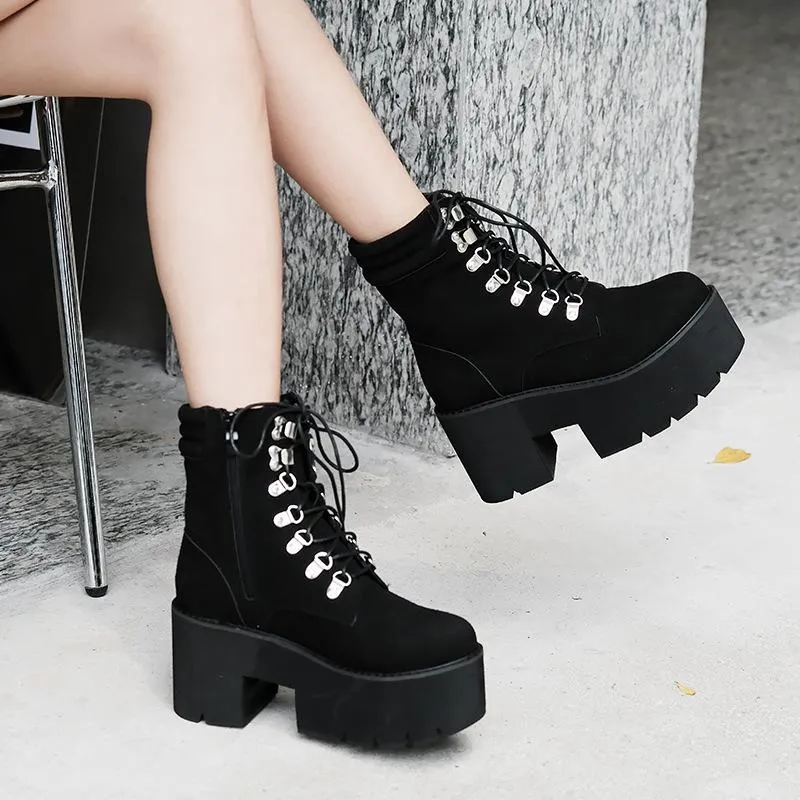 Suede Lace Up Platform Ankle Martin Boots Minimalist Chelsea Boots