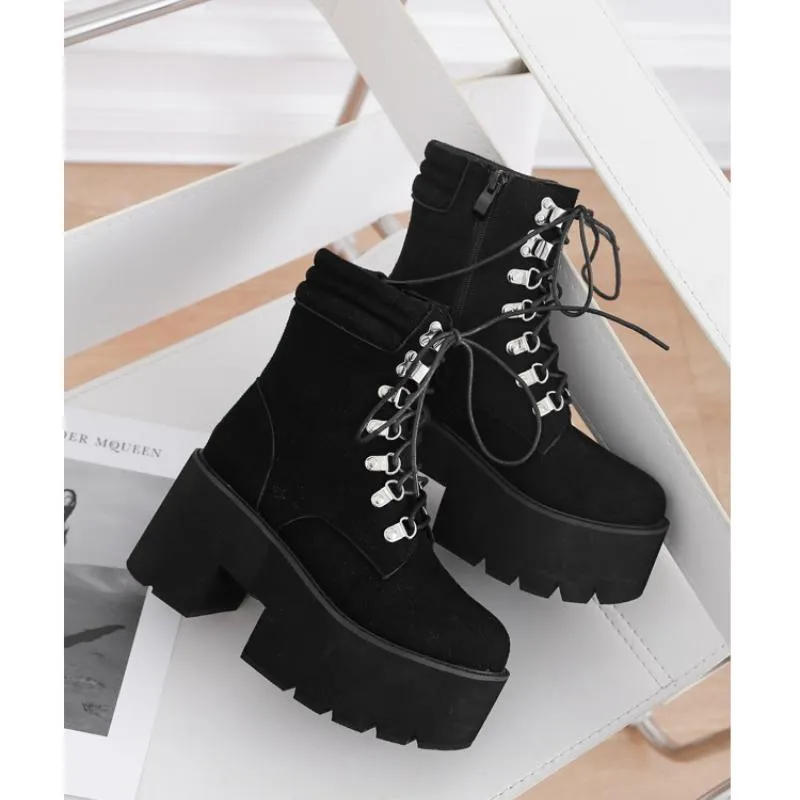 Suede Lace Up Platform Ankle Martin Boots Minimalist Chelsea Boots