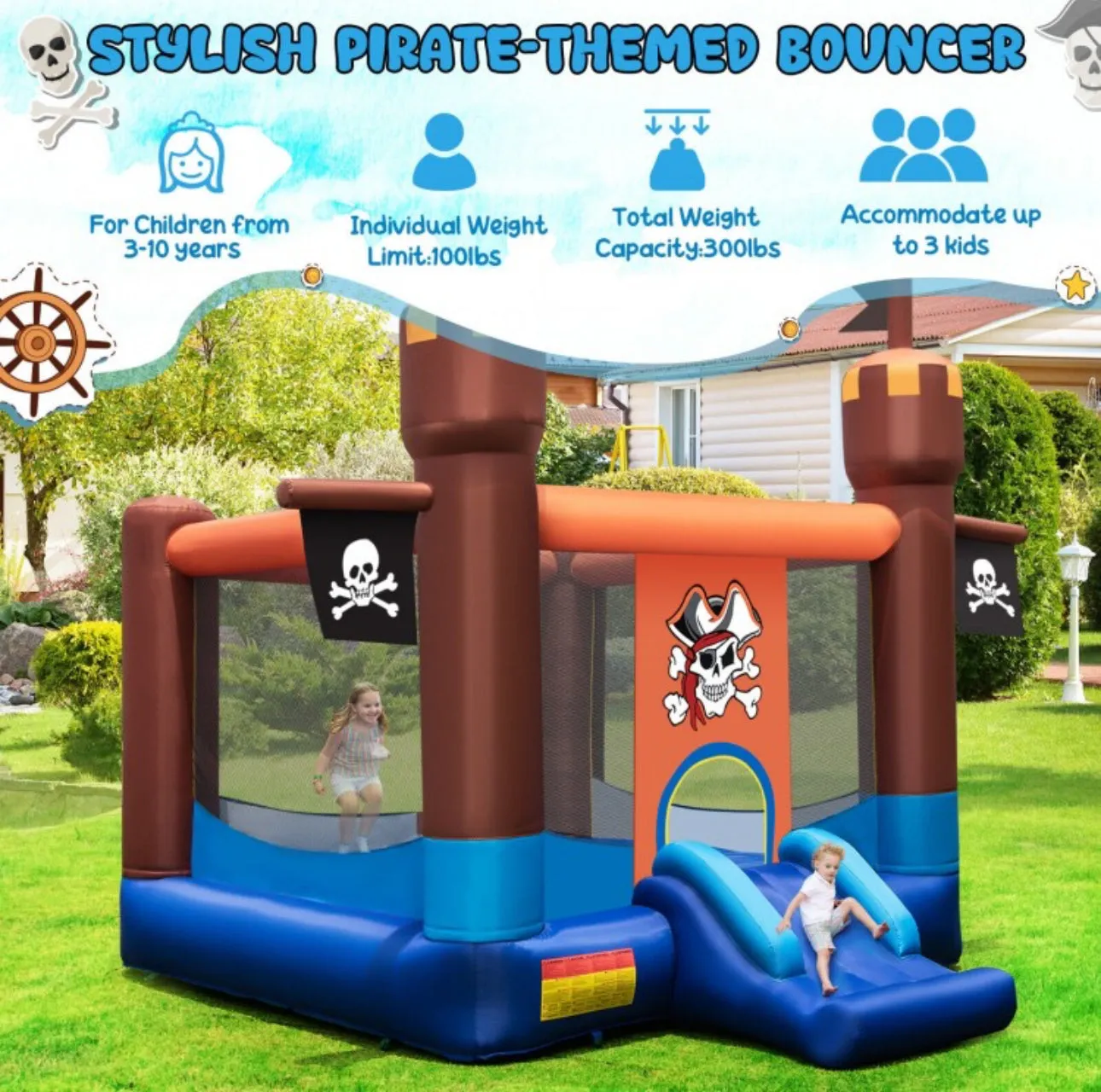 Super Cool Inflatable Pirate Themed Bouncy Castle / House | Large Jumping Area | With 735W Blower | Basketball | High Quality | Easy Inflate /Deflate