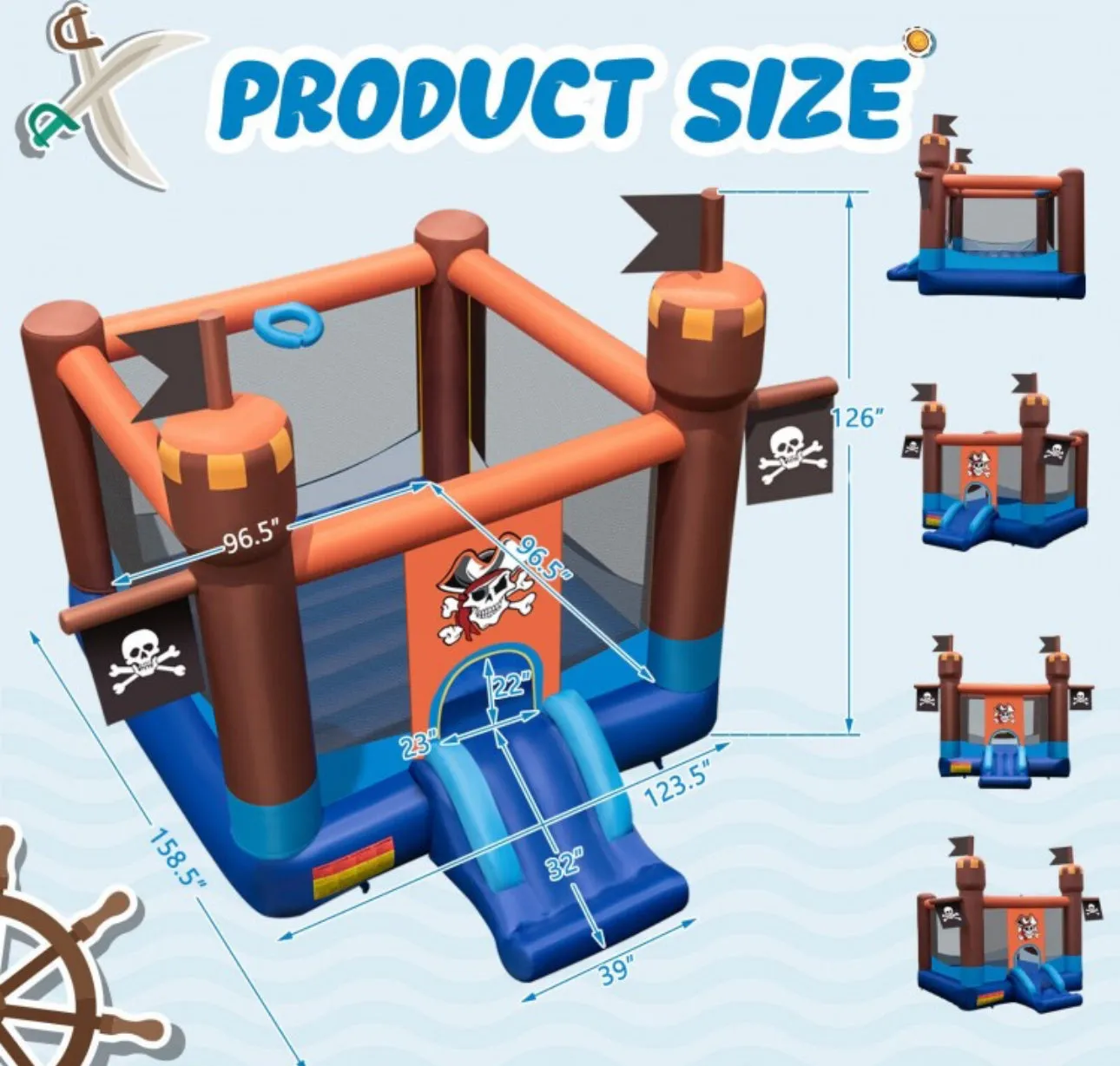 Super Cool Inflatable Pirate Themed Bouncy Castle / House | Large Jumping Area | With 735W Blower | Basketball | High Quality | Easy Inflate /Deflate