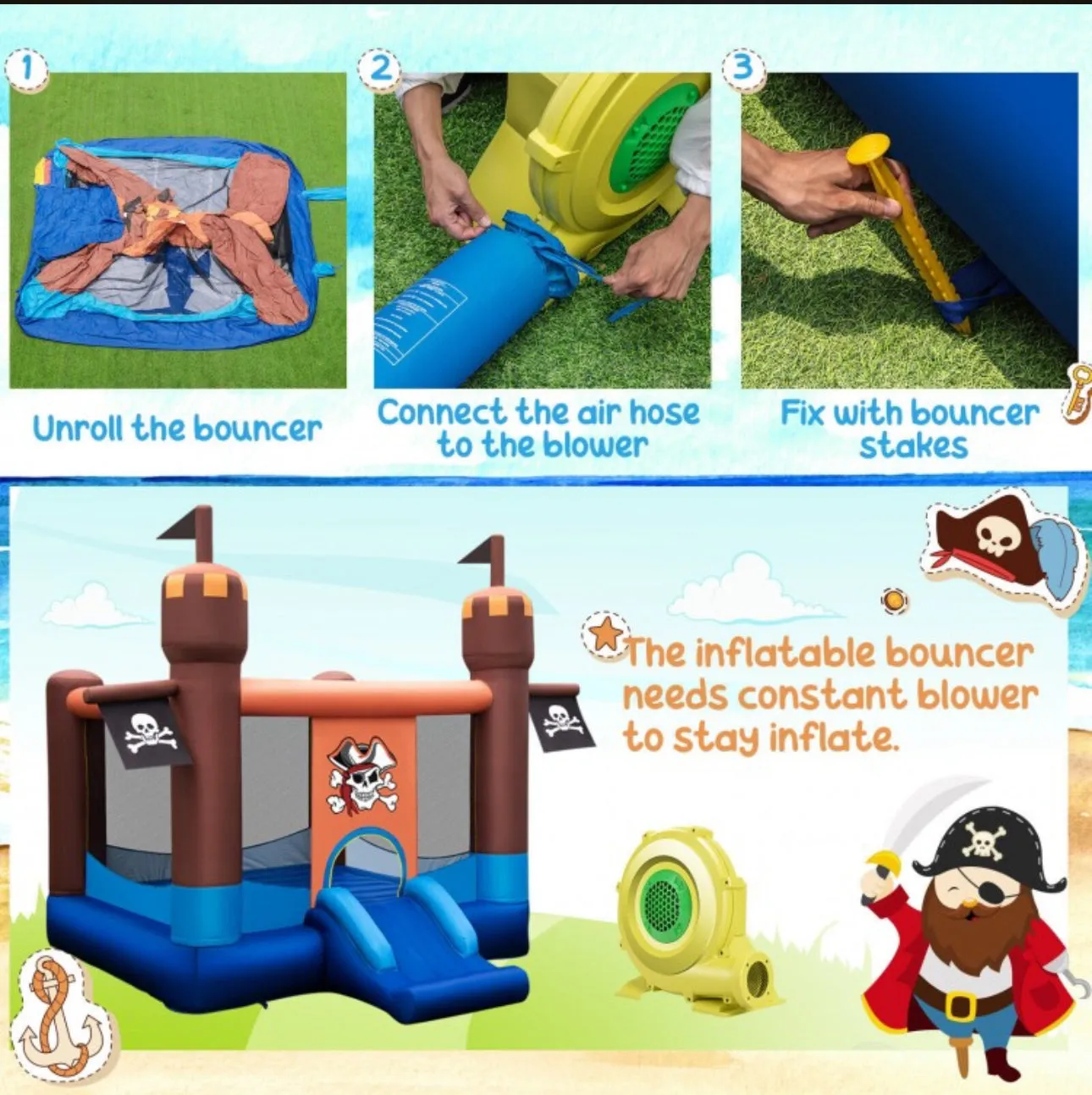 Super Cool Inflatable Pirate Themed Bouncy Castle / House | Large Jumping Area | With 735W Blower | Basketball | High Quality | Easy Inflate /Deflate