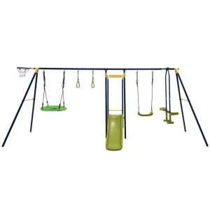 Super Fun 7-in-1 A Shaped Playground | Saucer Swing | U Shape Swing | Gym Rings | 2 Person Glide | Basketball Hoop | Slide | Monkey Bars