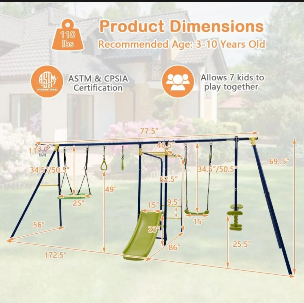 Super Fun 7-in-1 A Shaped Playground | Saucer Swing | U Shape Swing | Gym Rings | 2 Person Glide | Basketball Hoop | Slide | Monkey Bars