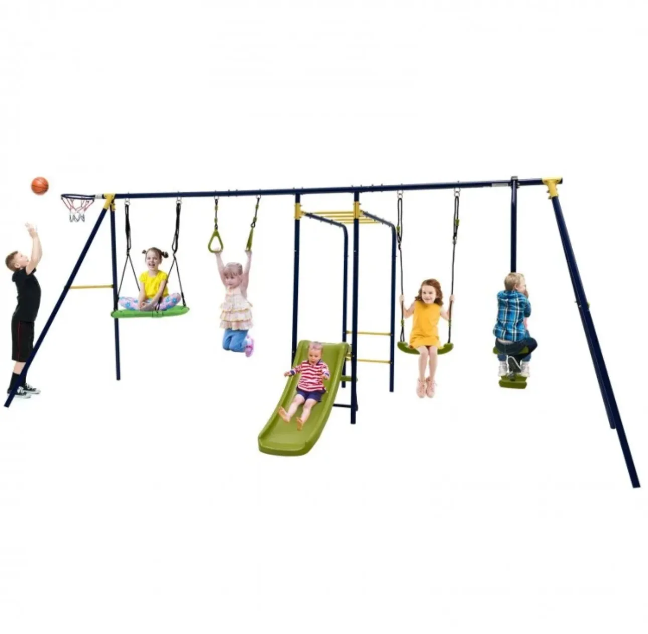 Super Fun 7-in-1 A Shaped Playground | Saucer Swing | U Shape Swing | Gym Rings | 2 Person Glide | Basketball Hoop | Slide | Monkey Bars