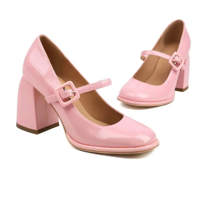 TAVIMART  -  Patent PU Leather Solid Pink White Chic Ladies Office Pumps Closed Toe Woman Shoes Spring Chunky Block High Heels Mary Janes