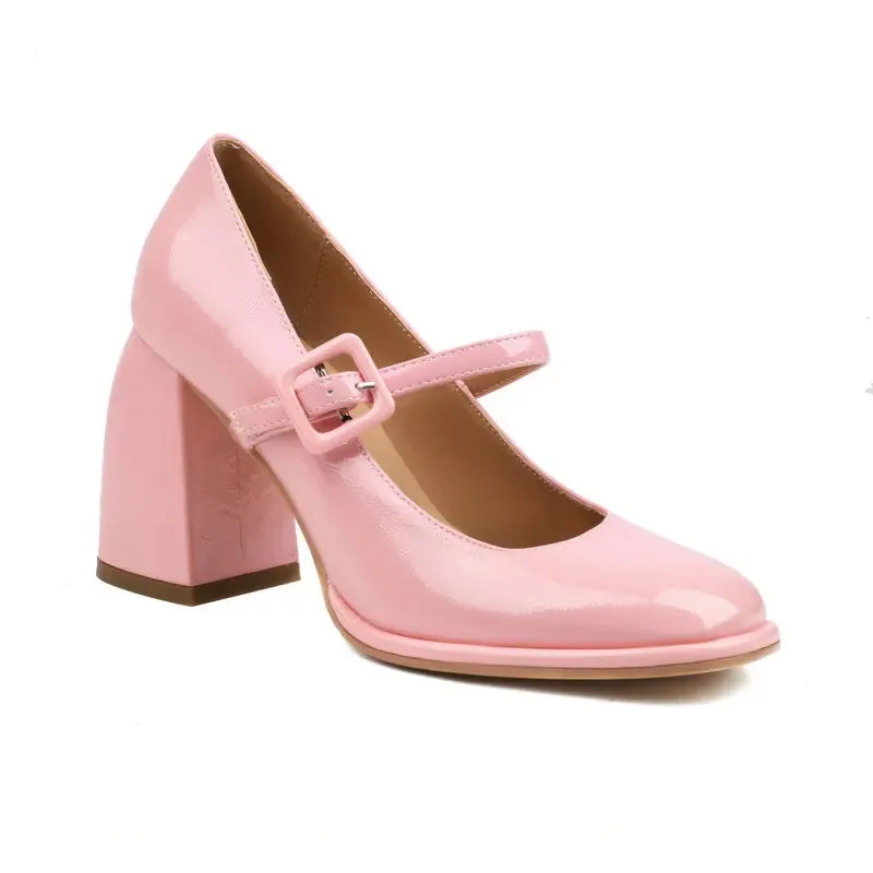 TAVIMART  -  Patent PU Leather Solid Pink White Chic Ladies Office Pumps Closed Toe Woman Shoes Spring Chunky Block High Heels Mary Janes