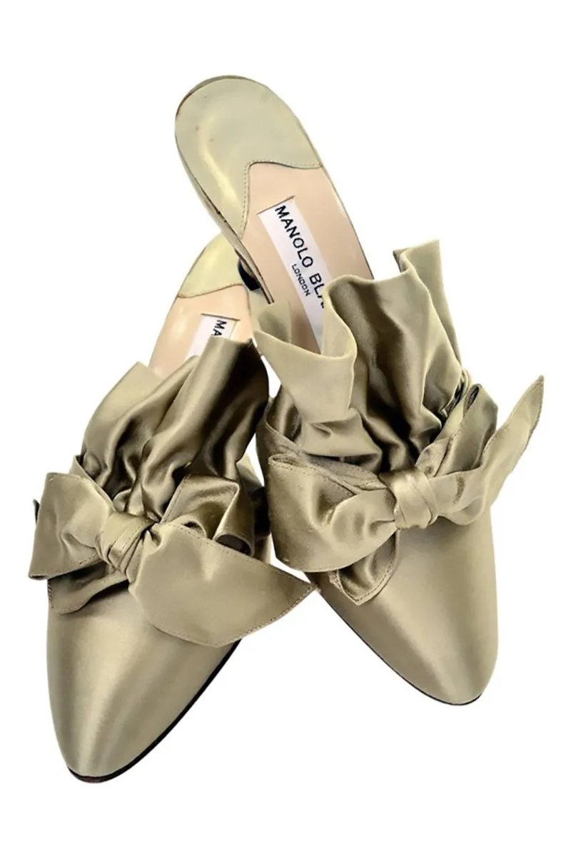 Unworn 1980s Manolo Blahnik Ruffled Mules with Satin Bow 39