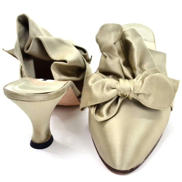 Unworn 1980s Manolo Blahnik Ruffled Mules with Satin Bow 39