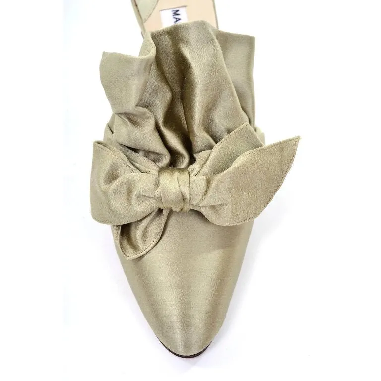 Unworn 1980s Manolo Blahnik Ruffled Mules with Satin Bow 39