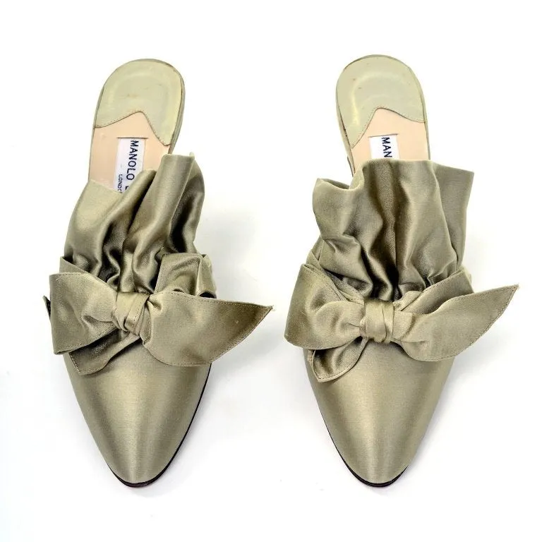 Unworn 1980s Manolo Blahnik Ruffled Mules with Satin Bow 39