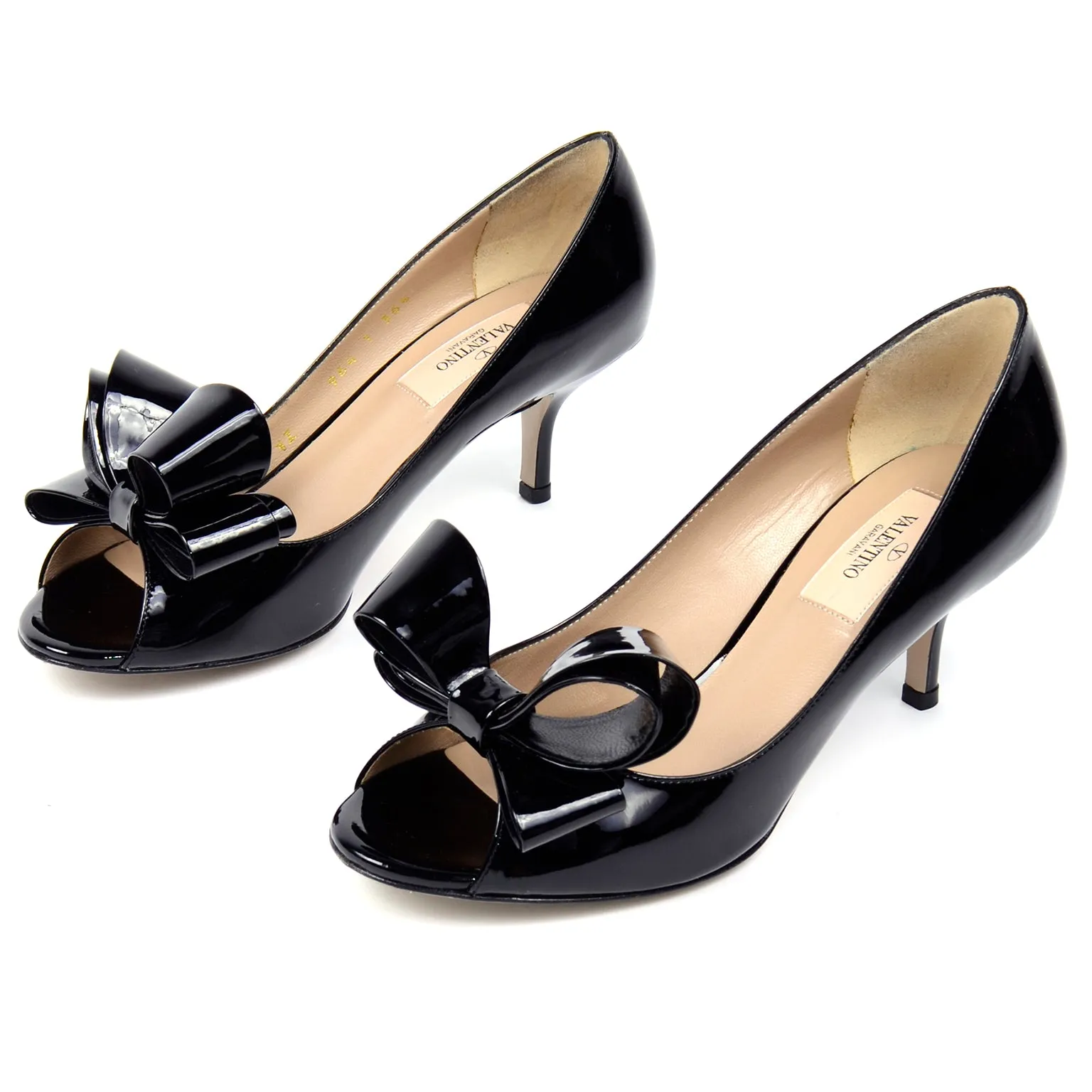 Valentino Garavani Black Patent Leather Open Toe Bow Shoes with Heels