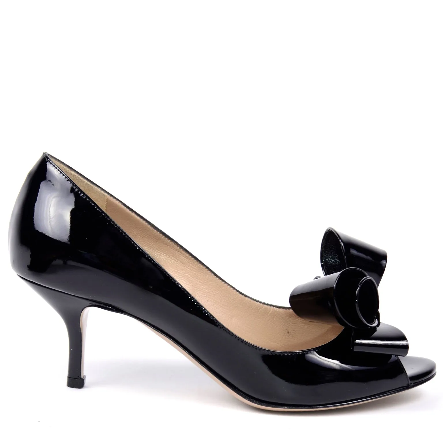 Valentino Garavani Black Patent Leather Open Toe Bow Shoes with Heels