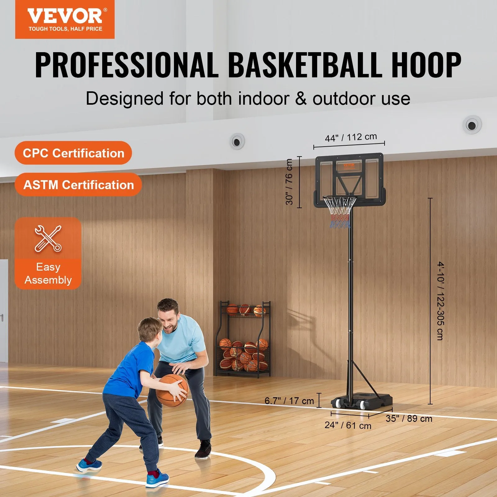 Vevor Basketball Hoop 4-10 Ft Adjustable Height 44-Inch Backboard with Fillable Base New