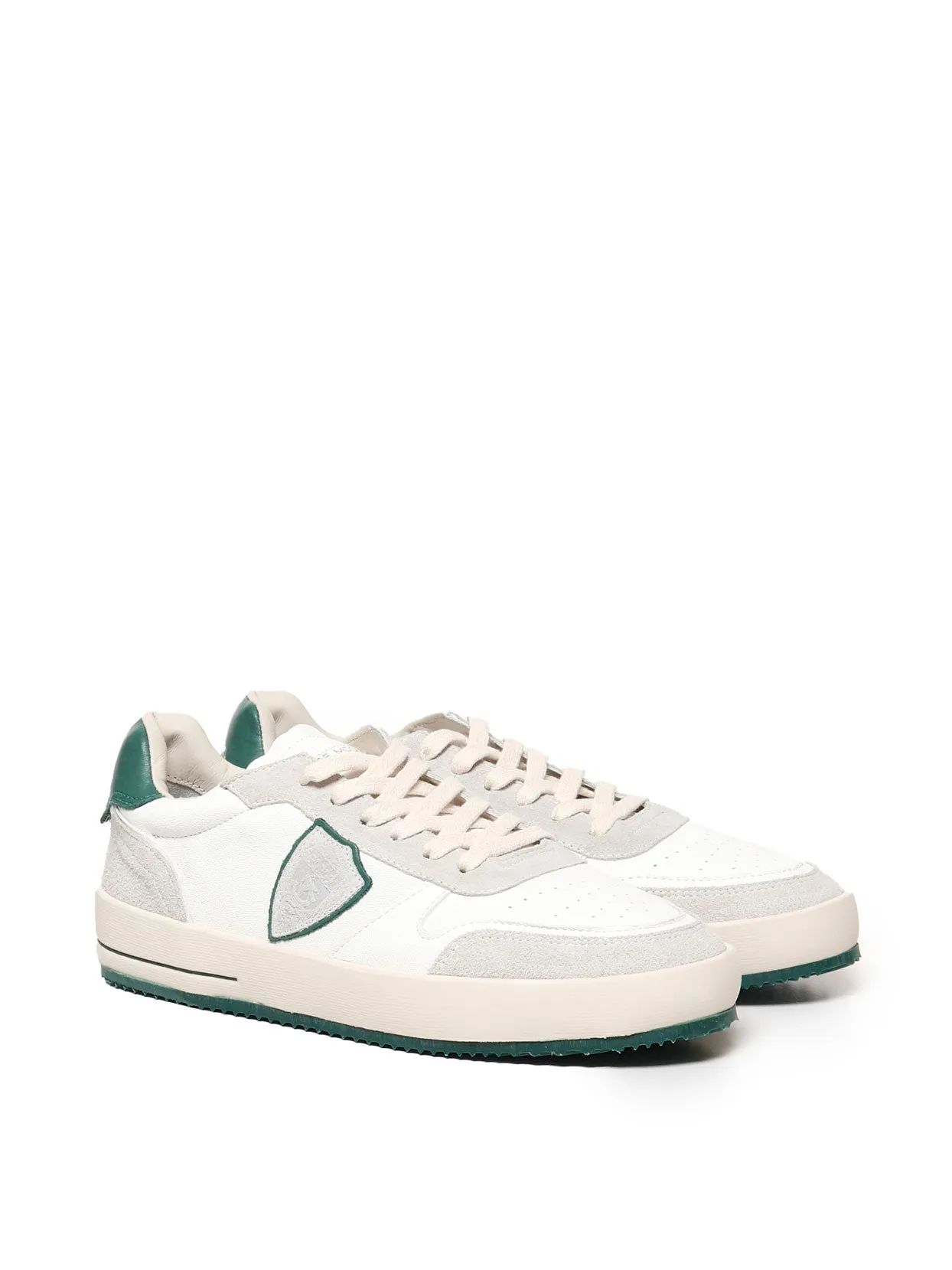 White and Green Leather Suede Sneakers