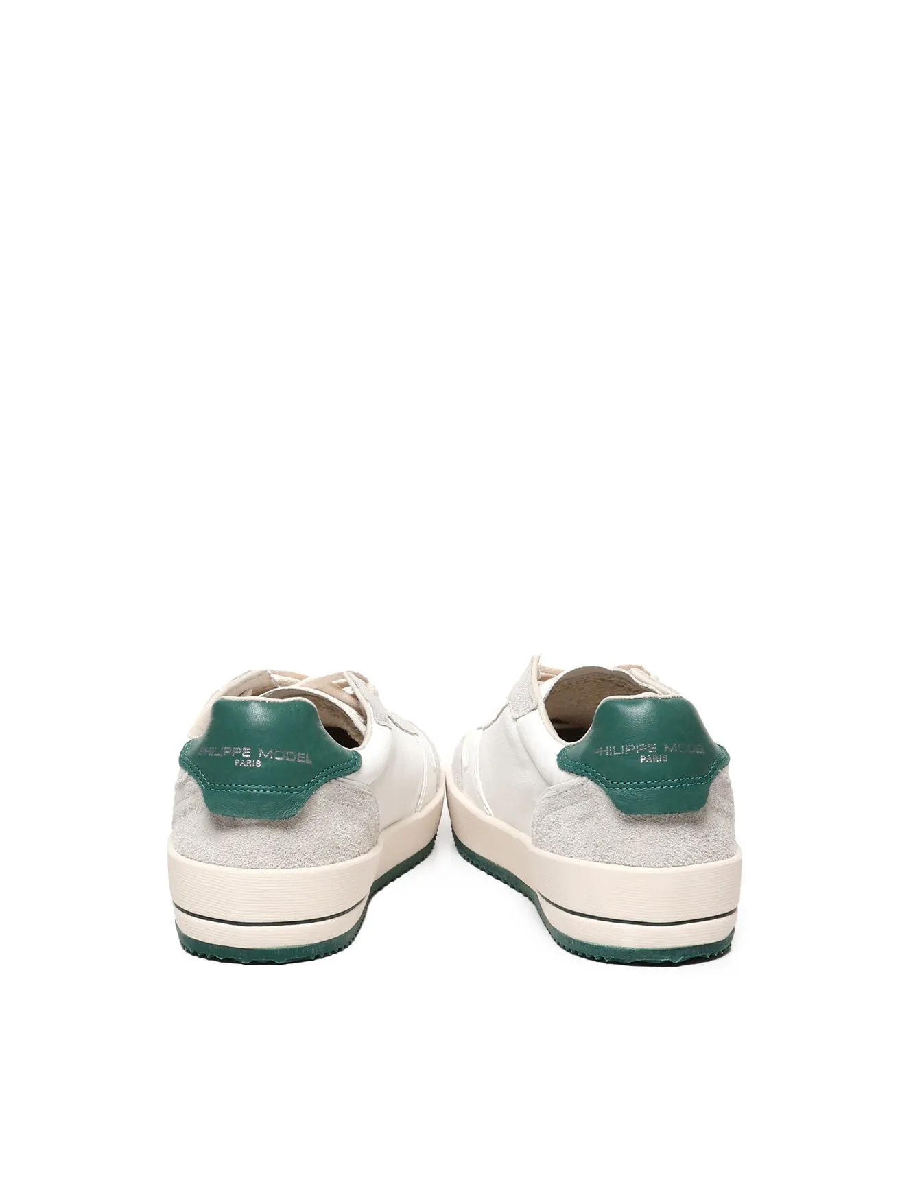 White and Green Leather Suede Sneakers