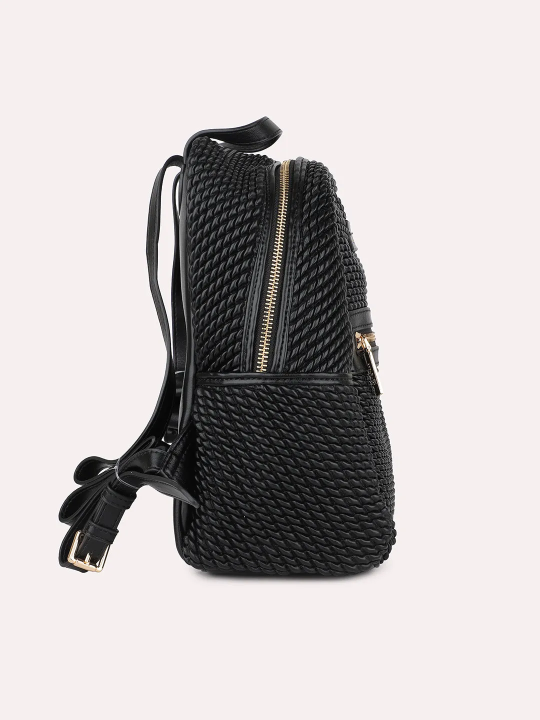 Women Black Textured Mini Backpack With Quilted Detailing