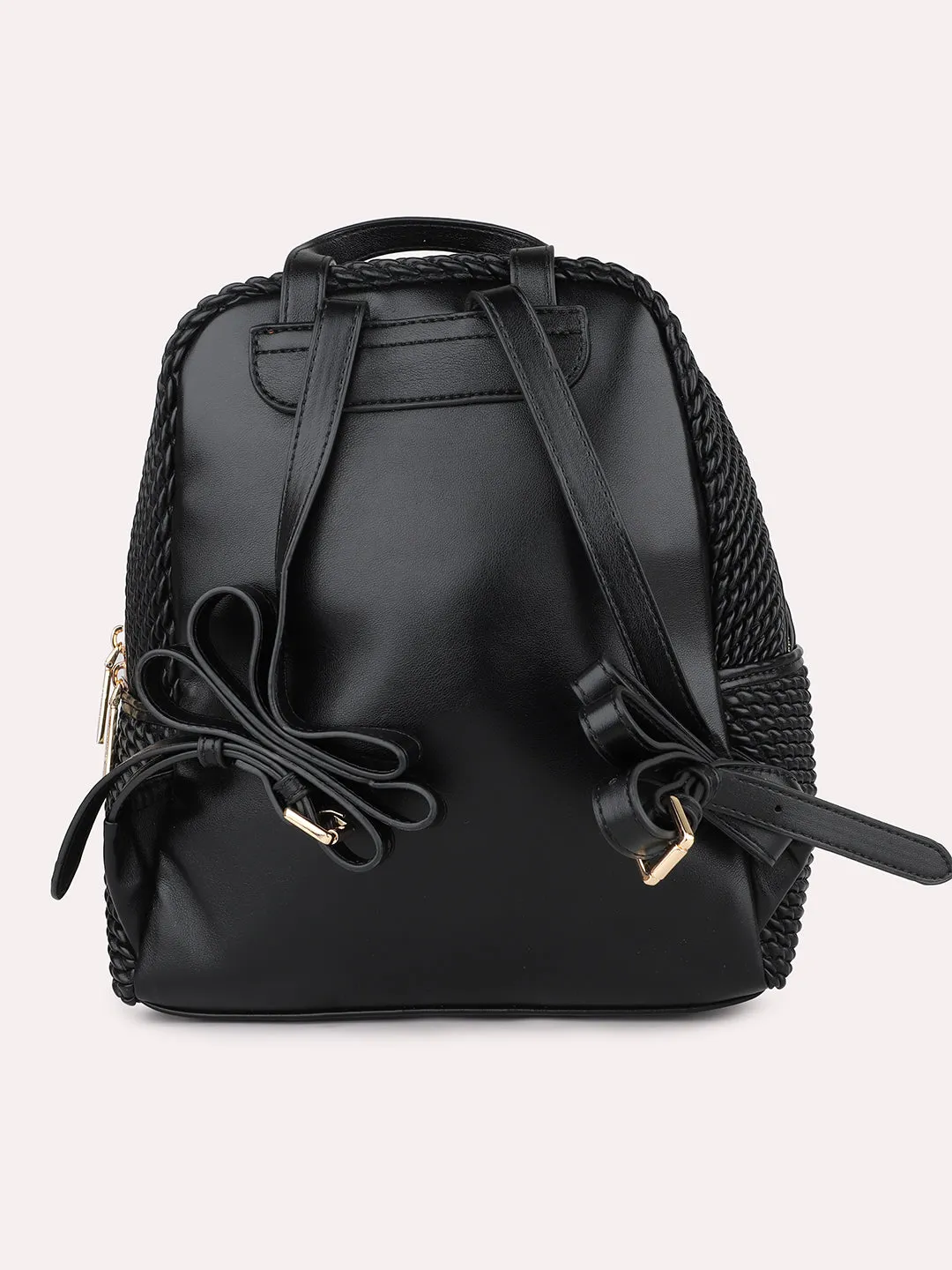 Women Black Textured Mini Backpack With Quilted Detailing