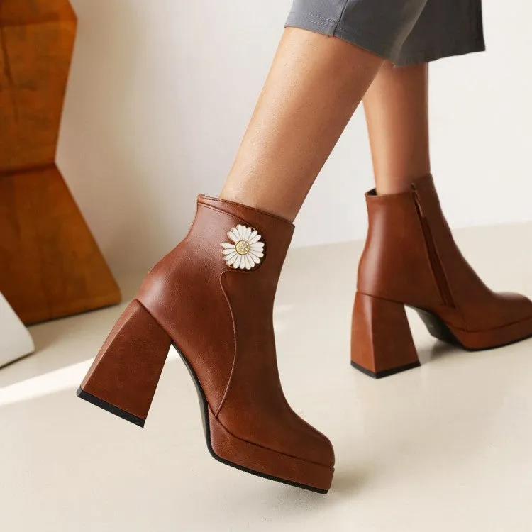 Women's Square Toe Pu Leather Sunflower Block Heel Platform Short Boots