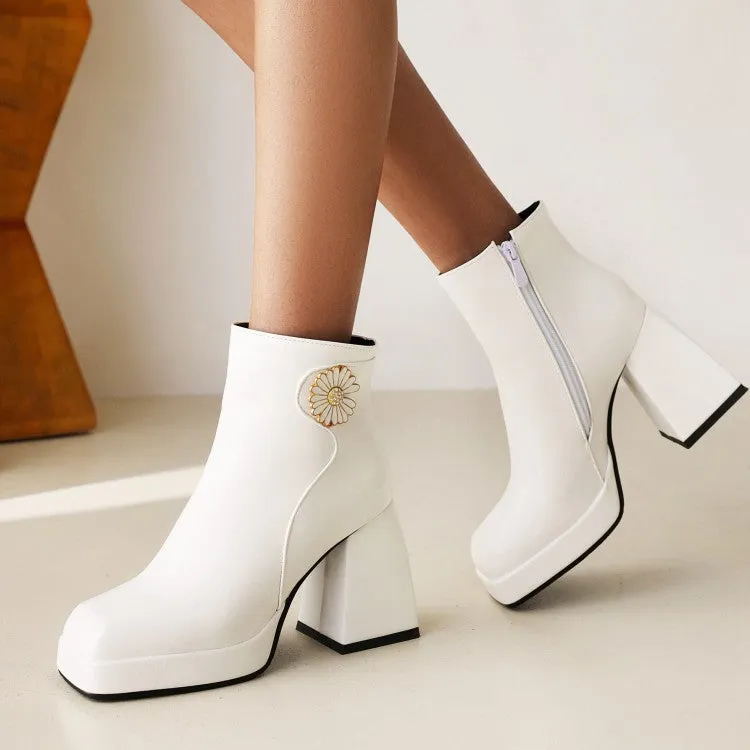 Women's Square Toe Pu Leather Sunflower Block Heel Platform Short Boots