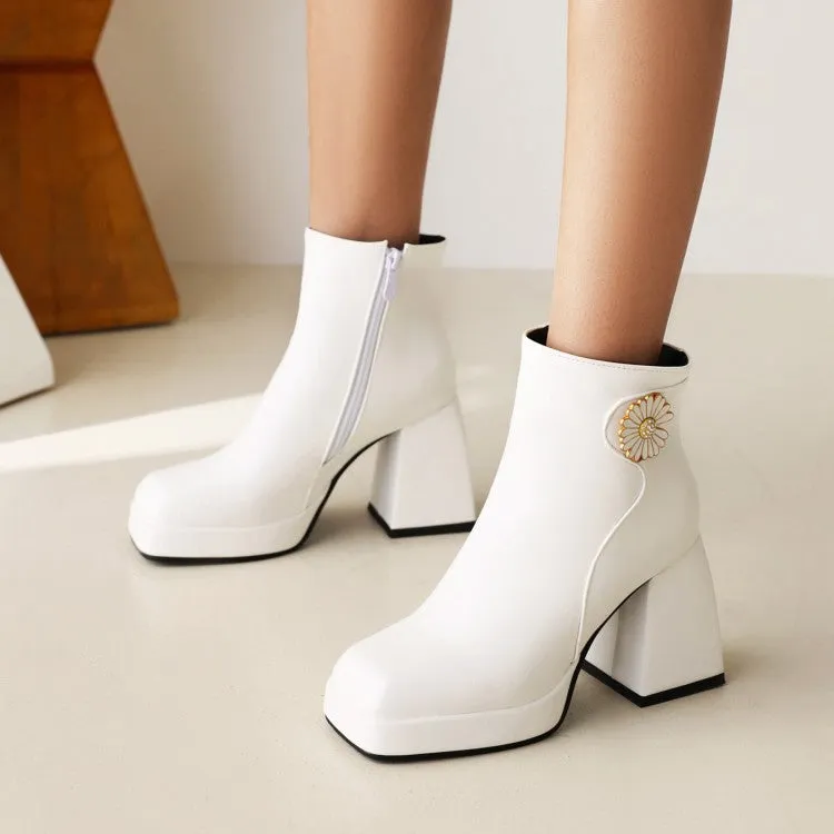 Women's Square Toe Pu Leather Sunflower Block Heel Platform Short Boots