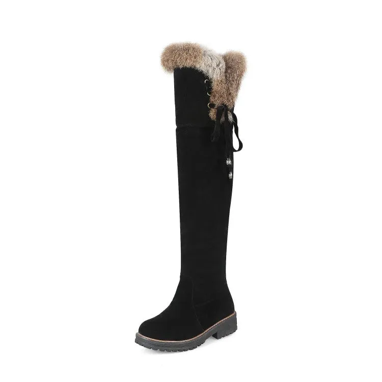 Women's Suede Stitching Patchwork Side Tied Fur Flat Knee High Boots